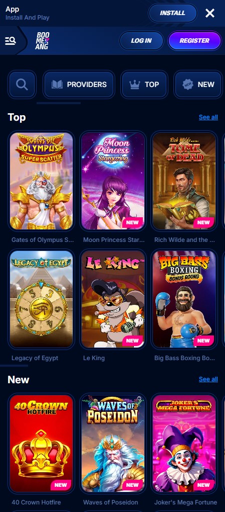 Boomerang Casino versione mobile con slot machine